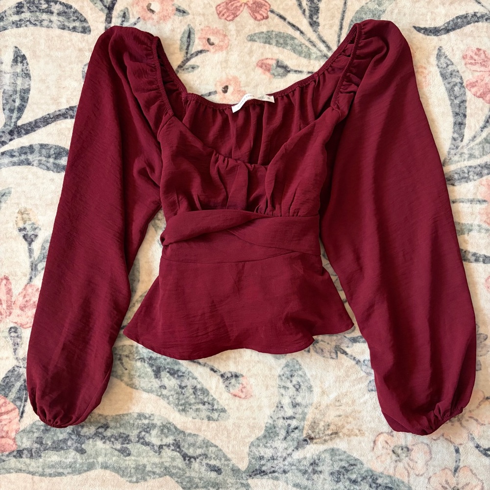 Altar’d State Women’s Burgundy Peplum Long-Sleeve Top